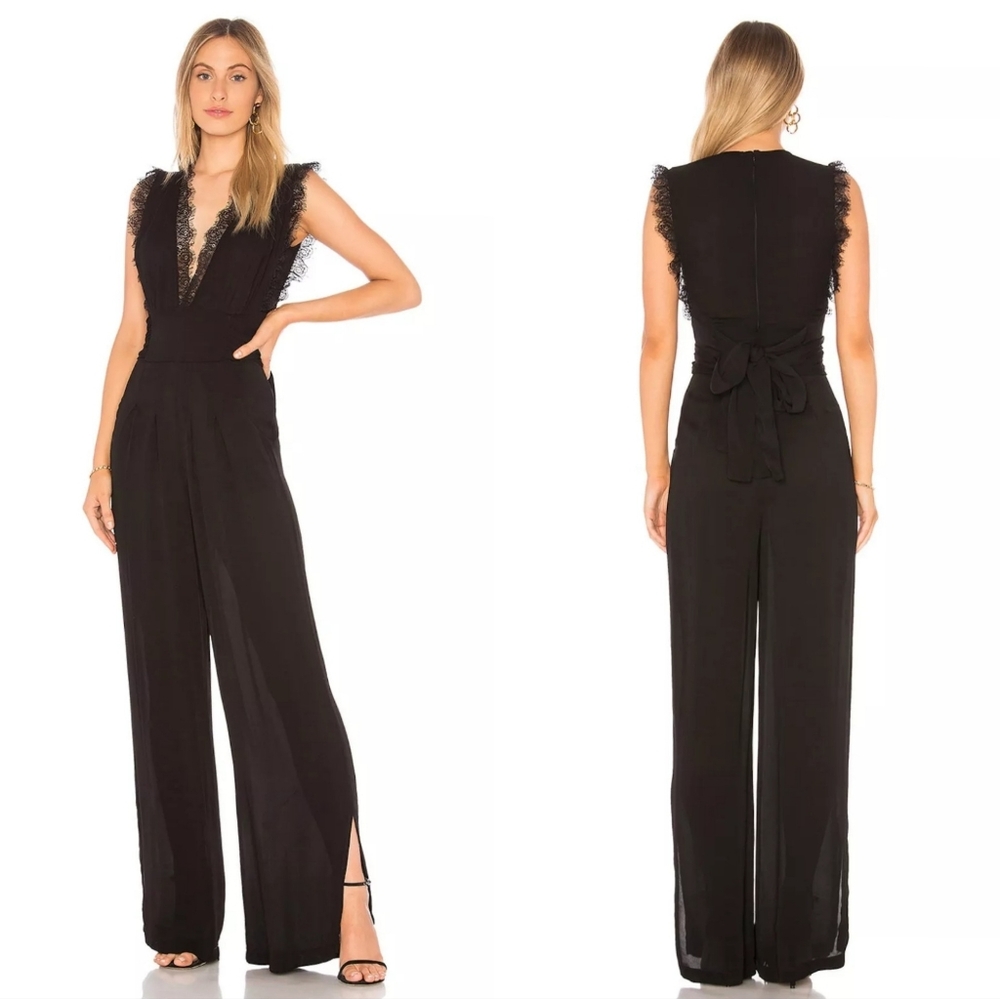 Altar'd State Air of Romance Lace Plunging Neckline Jumpsuit Black Small